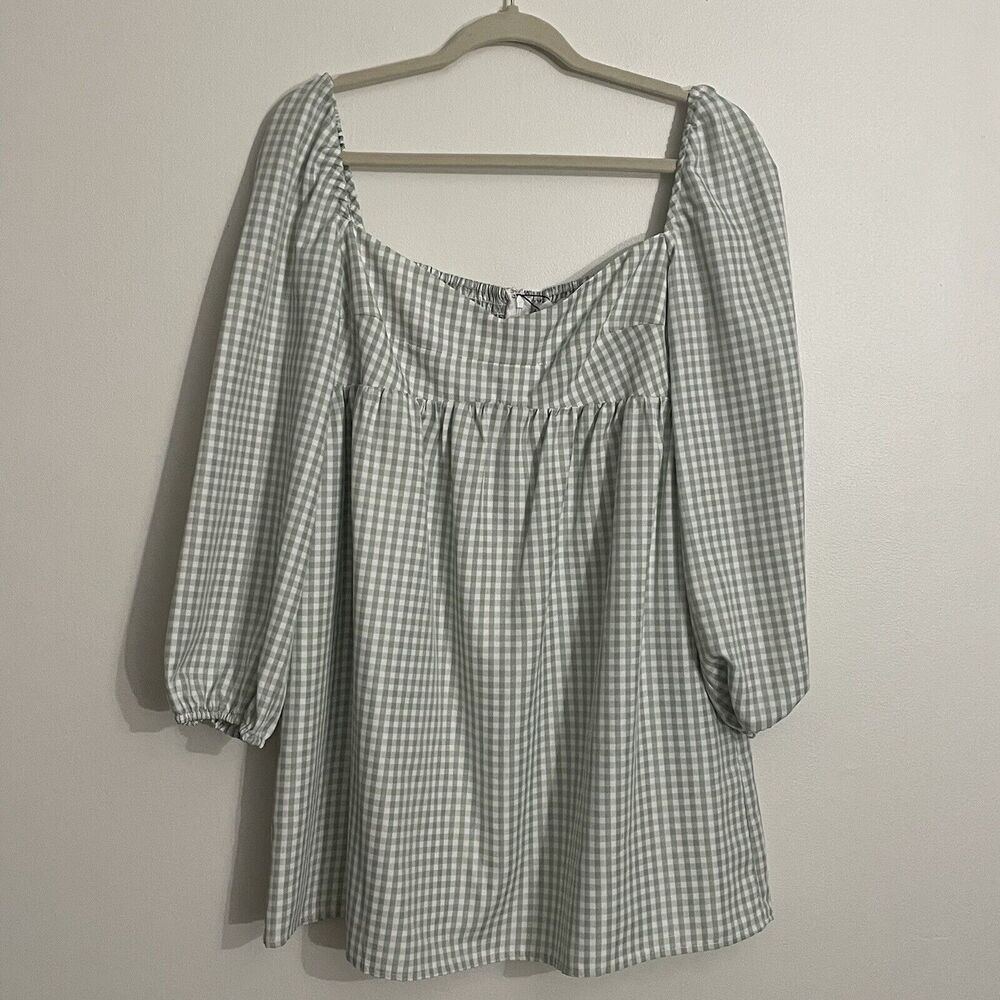 Gianni Bini Cottagcore Babydoll Dress Gingham Plaid Size 10 Green Sweetheart New
